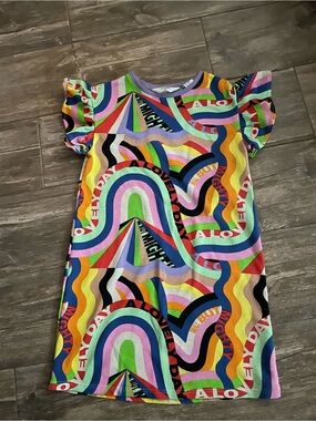 Girls Rainbow Wave Print Dress - Multicolor